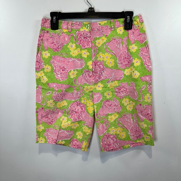90s Lilly Pulitzer Bermuda Shorts‎ Pink and Green Lion Print Size 4 - Picture 1 of 4